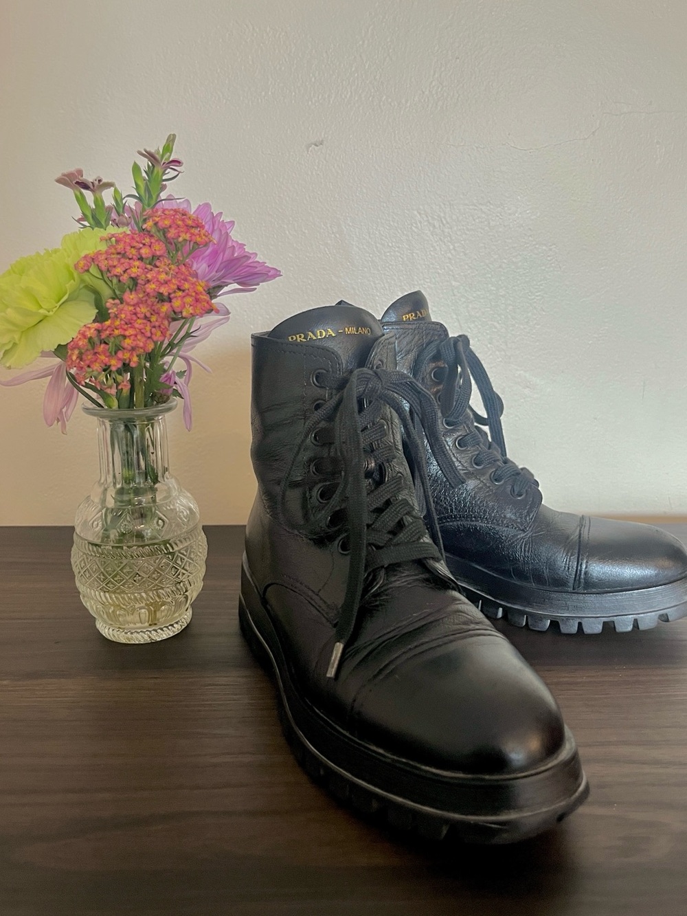 Prada Women's Black Leather Lace-Up Boots Sz 4.5/ 34.5